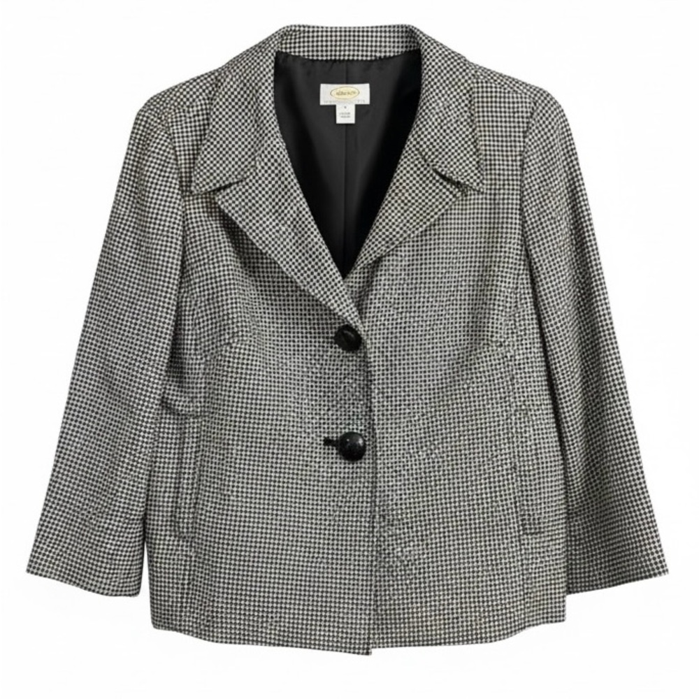 VTG Talbots Women Petite Sz 14 Houndstooth Blazer Jacket Black Preppy Wool